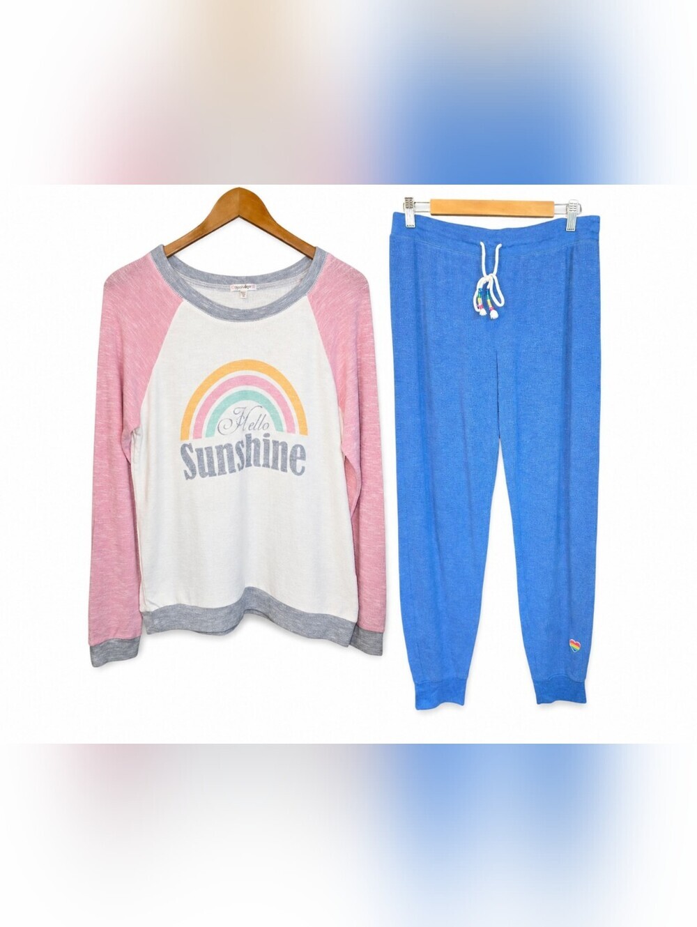P.J. Salvage Medium Loungewear Bundle Rainbow Heart Joggers & Hello Sunshine Top